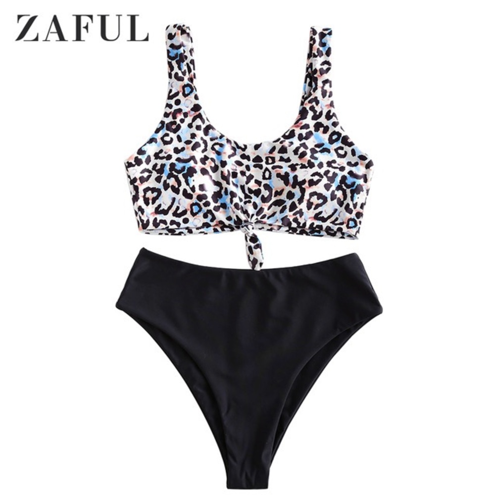 Zaful Animal Print Knotted High Waisted Tankini